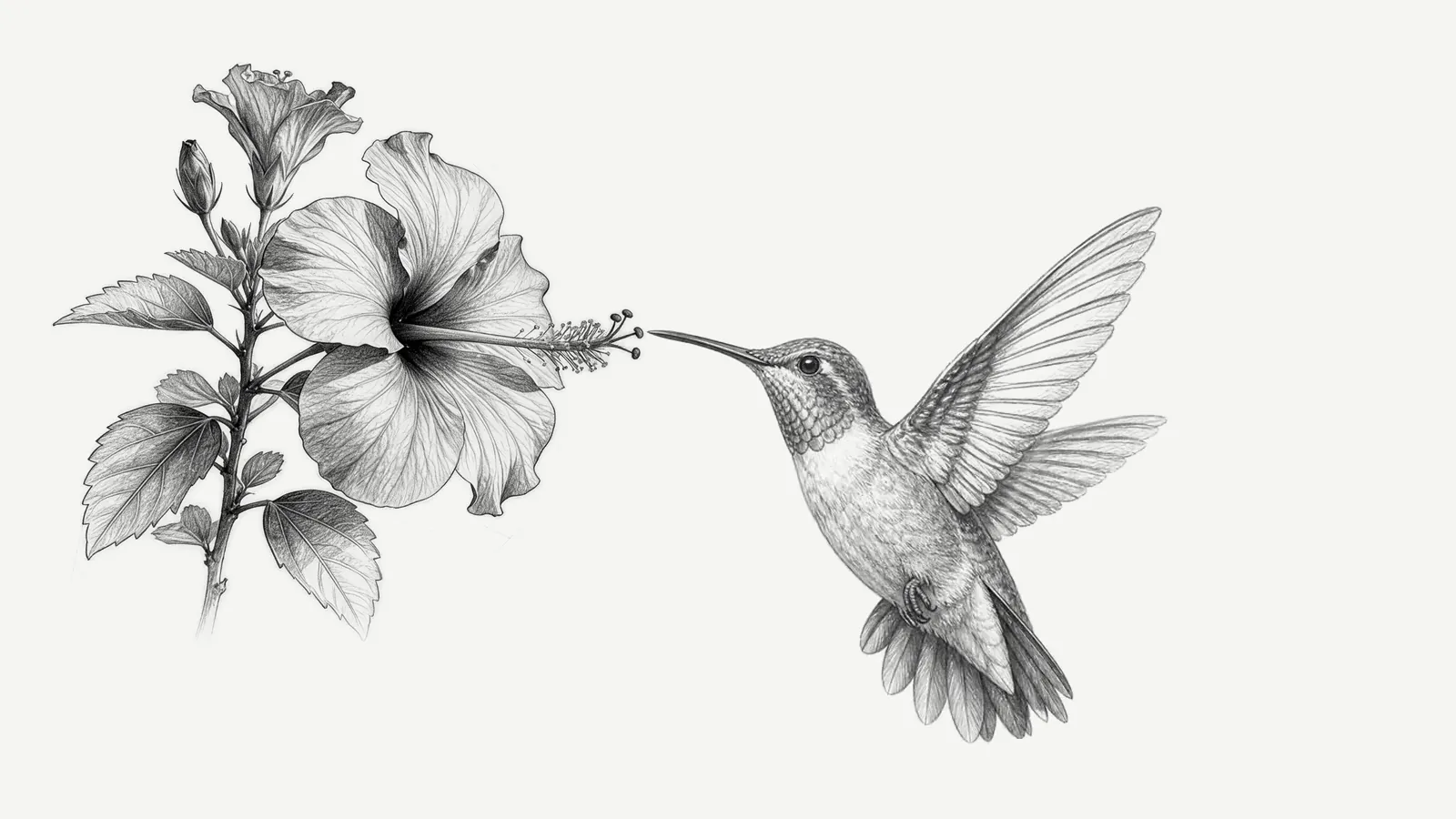 A pencil drawing of a hummingbird drinking from a hibiscus flower