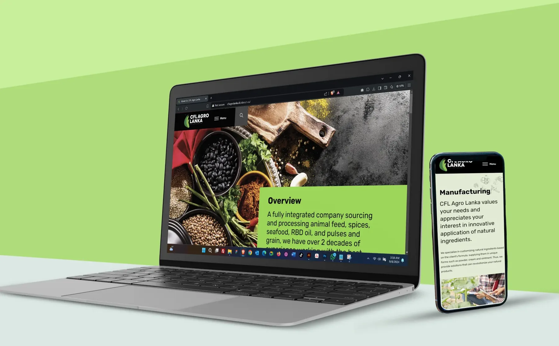 The finished CFL Agro Lanka website on a laptop and a phone