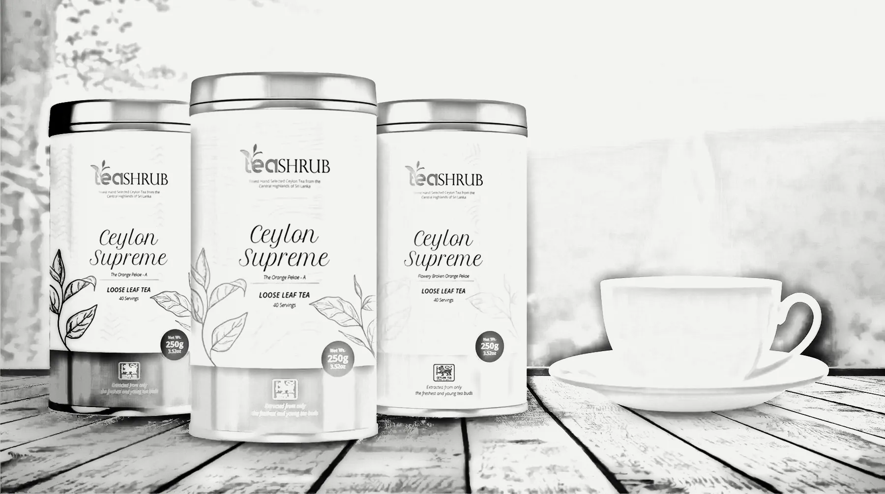 The Tea Shrub Ceylon Supreme tea tins, in pencil